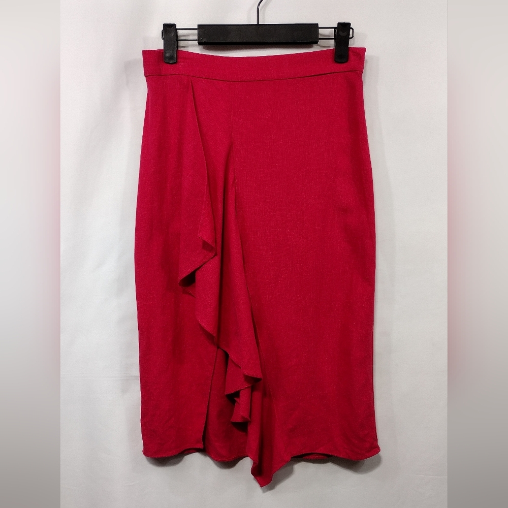 Zara Cerise Linen Ruffle Front Pencil Skirt Women's  S Pink Office Career Casual - Picture 2 of 10